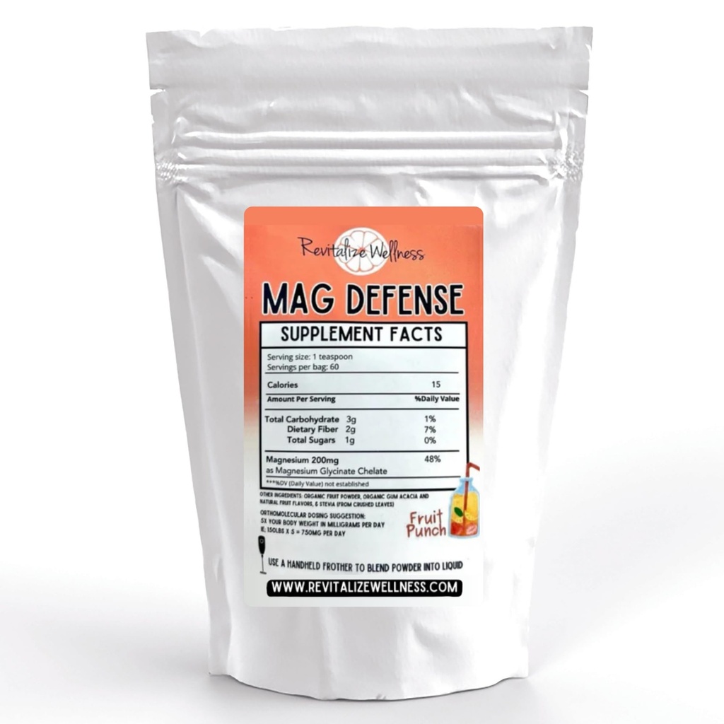 Mag Defense Toz | Orthomolecular Magnezyum 200 mg'ı Magnezyum Glycinate Chelate | Pure, Corn Free, & GMO-Free | Fruit Punch Flavor | 60 Hizmetler