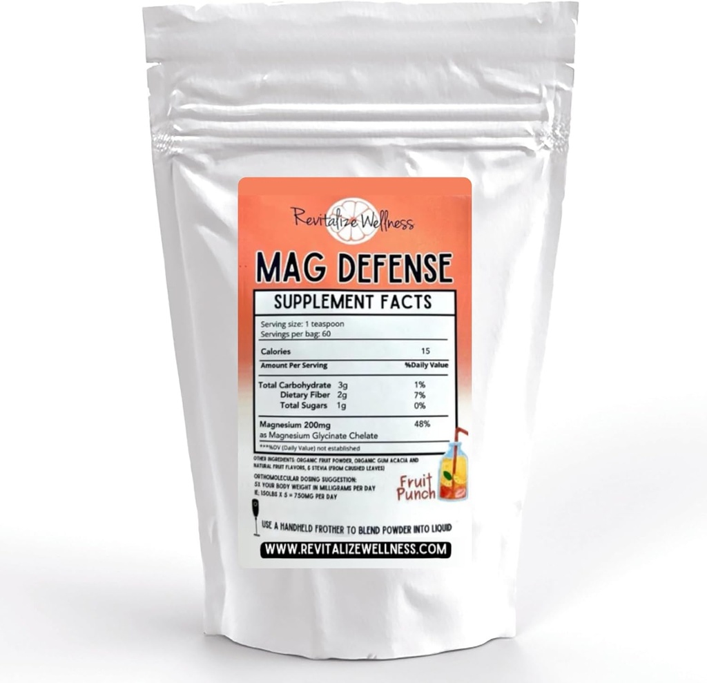 Mag Defense Toz | Orthomolecular Magnezyum 200 mg'ı Magnezyum Glycinate Chelate | Pure, Corn Free, & GMO-Free | Fruit Punch Flavor | 60 Hizmetler