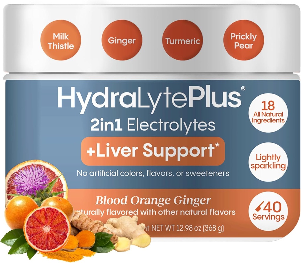 Hydralyte Liver Support + Electrolyte Mix with Milk Thistle, Turmeric, Ginger, Prickly Pear, Green Tea Extract Formulaed for Rapid Rehidr, (Kan Orange Ginger, 40 Serve Tub)