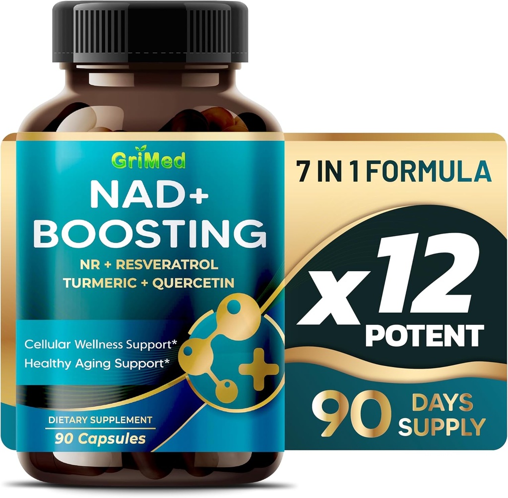 GriMed NAD + 16,550 mg- x12 NR + Resveratrol Turmeric + Quercetin - Hücre Enerji, Hücresel Onarım, Sağlıklı Ağlama - ABD Made & Test Edildi (90 $ 1)