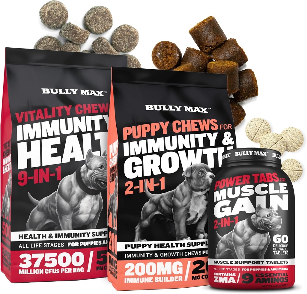 Bully Max Dog Vitality Chews, Muscle Builder Tabs (60 sekme) & Puppy Chews Schews – Daily Dog Supplements for Muscle Support, Immune Health, and Complete Beslenme for Puppies, Yetişkinler, and Seniors