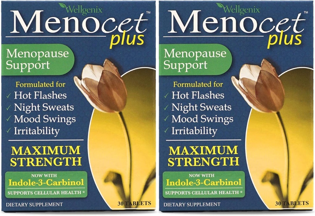 Wellgenix Menocet Plus Υποστήριξη Εμμηνόπαυσης - All-in-One Συμπλήρωμα Εμμηνόπαυσης - Daily Relief Feminine Care - Hot Flashes, Night Sweats, Mood Swings & Irritability - 30 Tablets (Pack of 2)