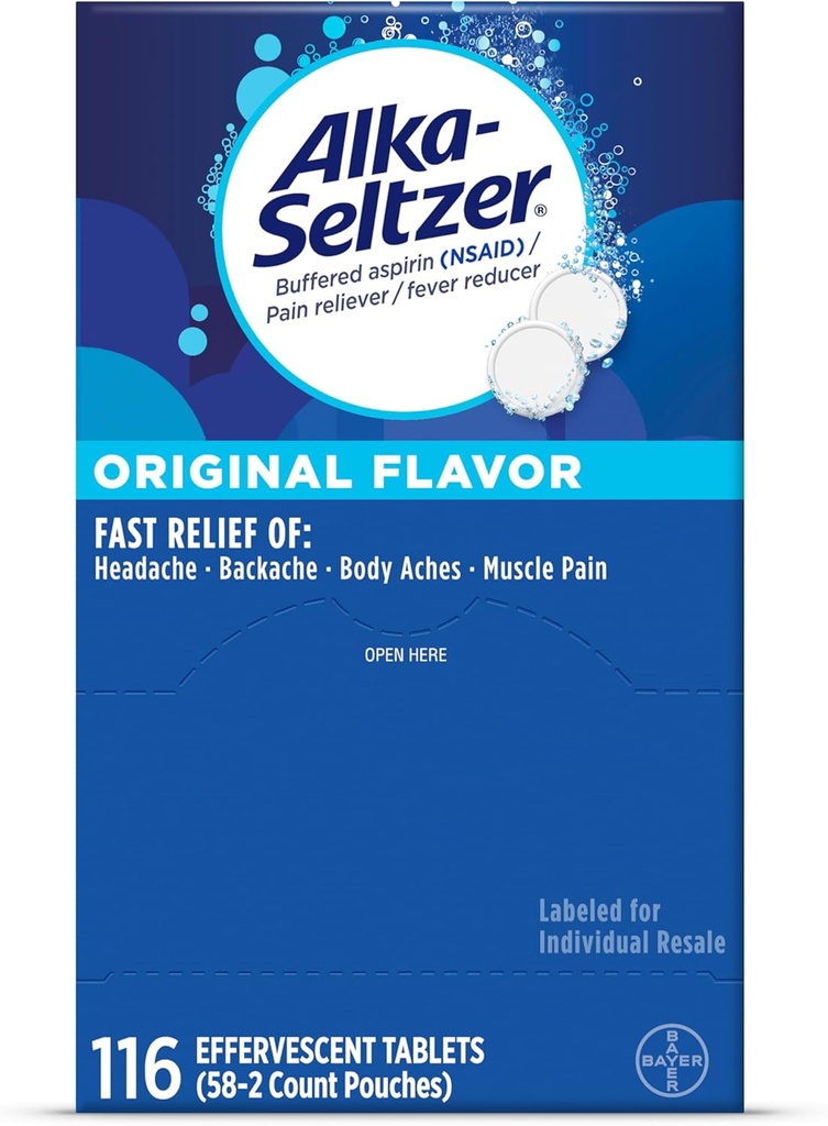 Alka- Seltzer Αναβράζοντα Δισκία Αρχική Γεύση, Γρήγορη Ανακούφιση Πολλαπλών Συμπτωμάτων από Πονοκέφαλο και πόνο του σώματος, Αναβράζοντα Αναβράζοντα Δισκία, Πακέτο Αναβρασμός Πόνου, 116 Ct