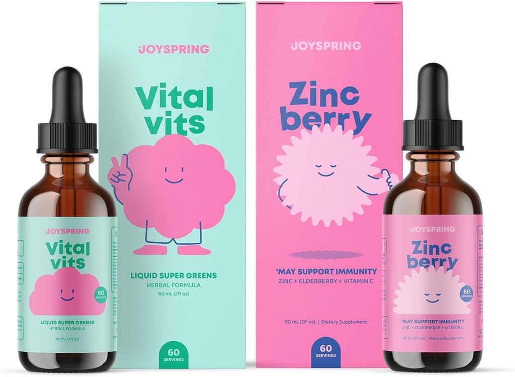 JoySpring Daily Multivitamin & ZincBerry Bundle | Kids Vitamins Naturally Sourced, Non-GMO, Non-Alcoholic Liquid Formula, Immunity Health Support | Vegan & Vegetarian Supplements