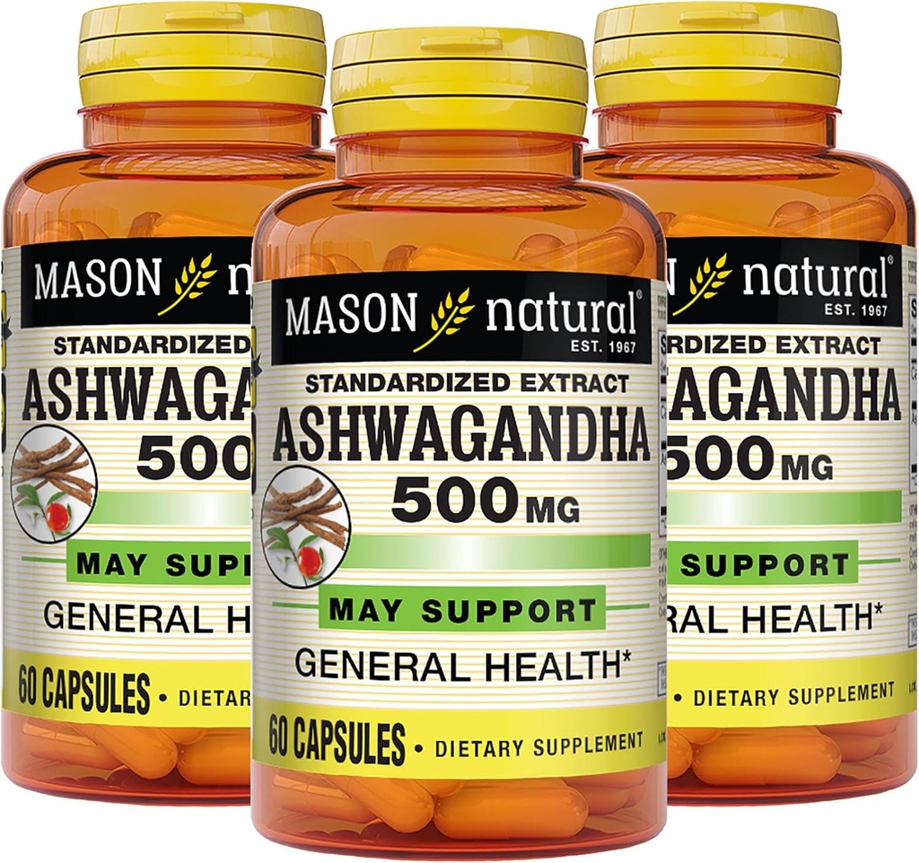 MASON NATURAL Ashwagandha 500 mg, Adaptogen για το στρες & την ενεργειακή υποστήριξη, συμπλήρωμα βοτάνων, 180 ημέρες προσφοράς
