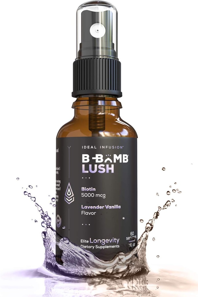Ideal Infusion B-Bomb Lush Biotin Liquid Spray: Organic Lavender Vanilla - 5000mcg, Βιταμίνη για την ανάπτυξη των μαλλιών για πάχος και όγκο - Υγεία του δέρματος, ισχυρότερα νύχια, Keto, Vegan