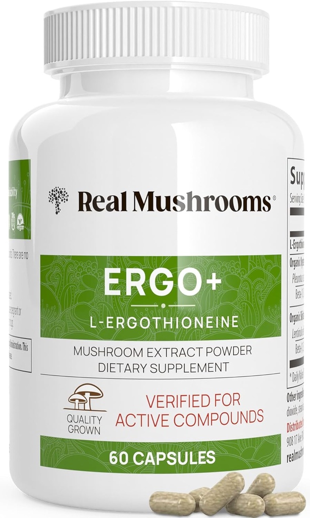 Real Mushrooms Ergothioneine Supplement – Altın Oyster Mushroom with Beta-Glucans – L-Ergothienine Extract Pkeder – Organik, Vegan, Non-GMO, No Fillers – 60 Capsules Mushroom Supplement for Humans