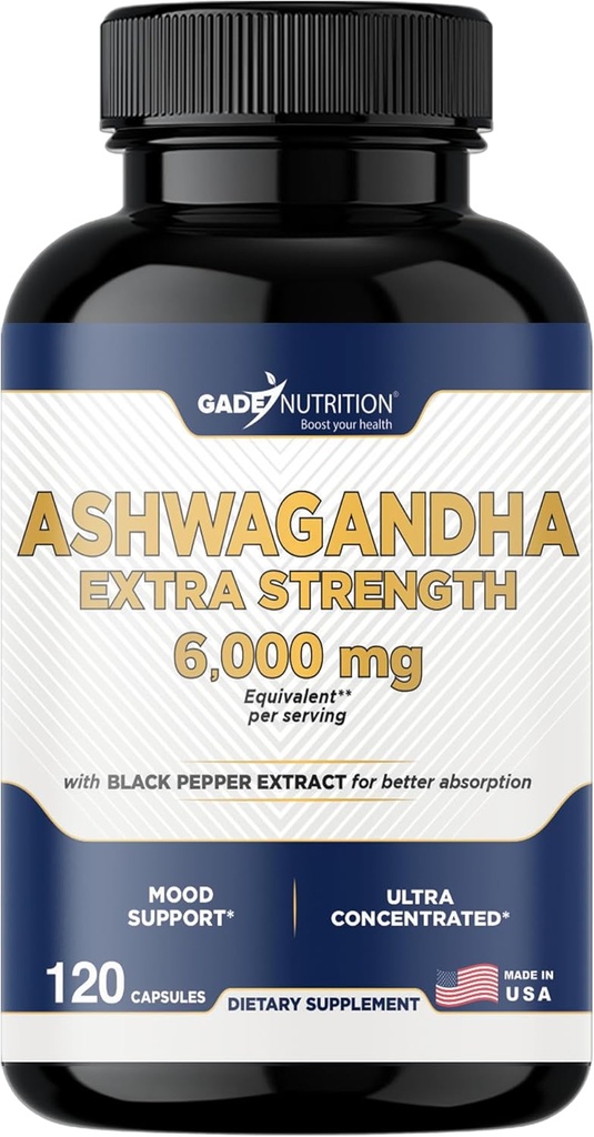 Gade Beslenme Ashwagandha Supplements - Ekstra Kuvvet, Black Pepper, Natural Mood, Focus ve Energy Support Supplement, 120 Veggie Capsules, ABD Made