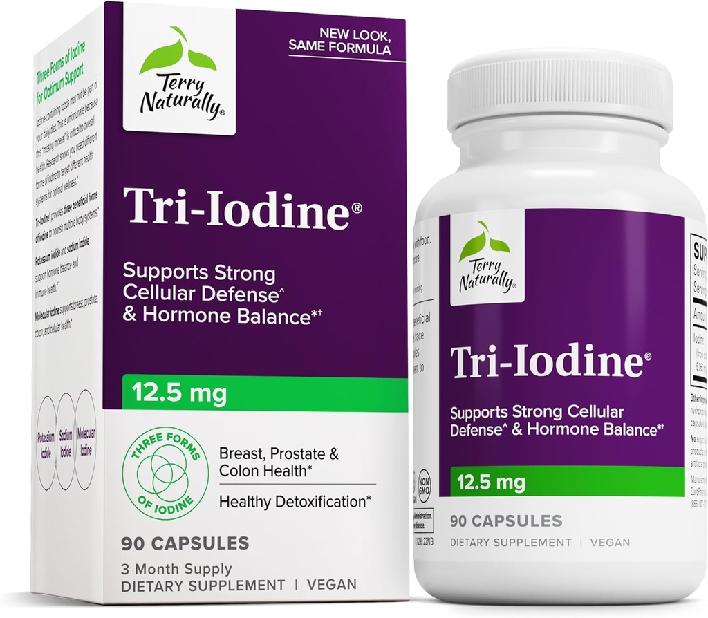 Terry Doğal Tri-Iodine - Tiroid Sağlığını Destekleyin - Moleküler Iodine'den Optik Iodine ve sodyum Iodide - Beyin & Enerji Desteği - 12.5 mg, 90 Capsules