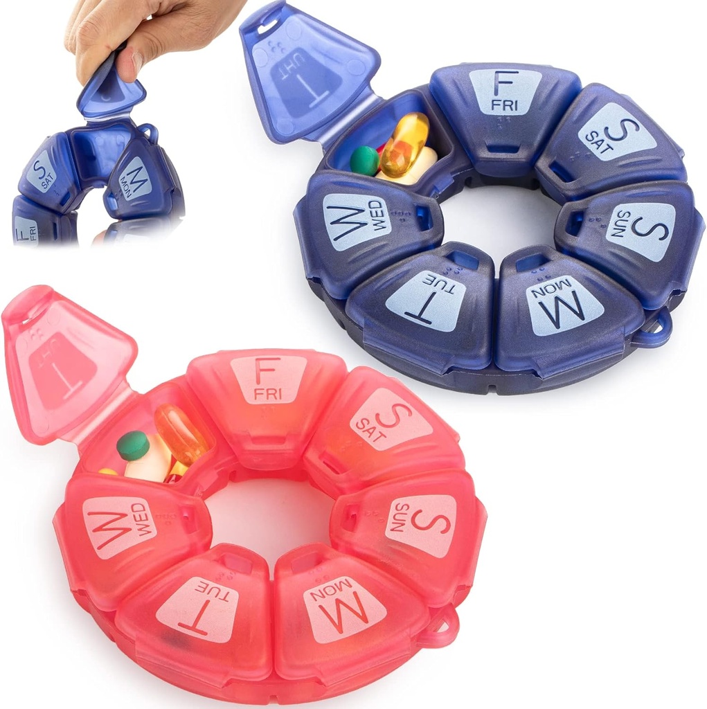 Round Weekly Pill Organizer, Teethized, Travel Pill Container 7 Day, 7 Büyük Karşılaştırmalı, Günlük Vitaminler ve Tamamlar için Büyük, Büyük Mektuplar ve Braille (2 adet)