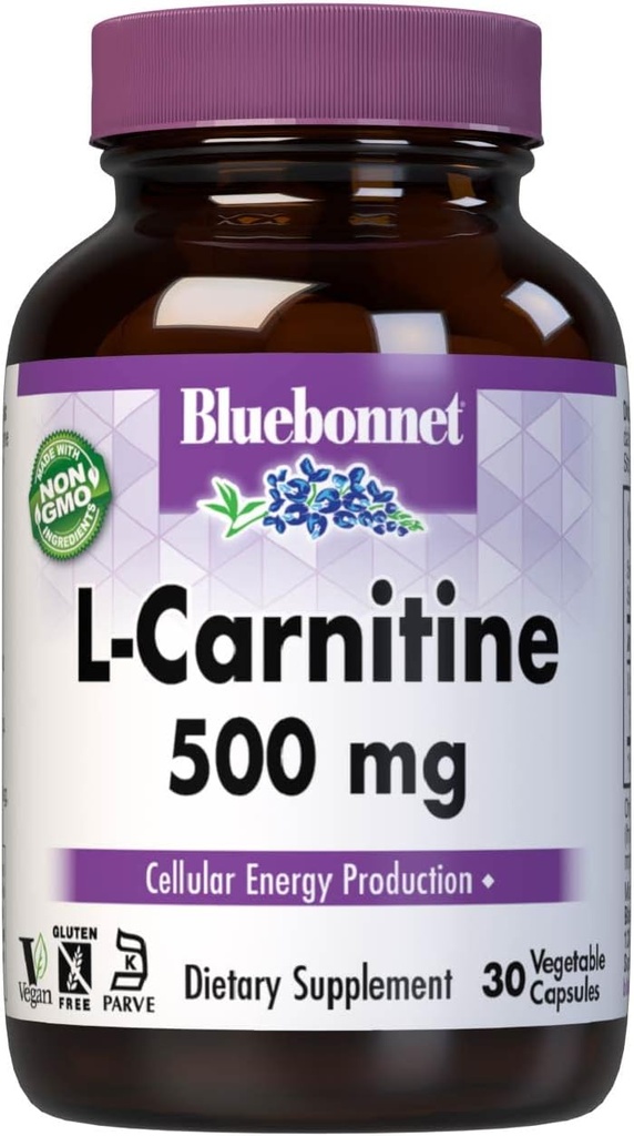 Bluebonnet Beslenme L-Carnitine 500 mg, Transports Fatty Acids*, Boosts Cellular Energy*, Soy-Free, Gluten-Free, Non-GMO, Kosher sertifikalı, Vegan, 30 Sebze Capsules, 30 Hizmet