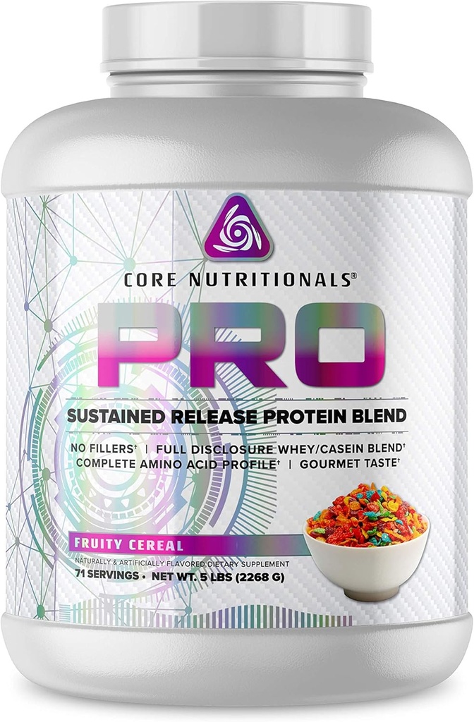 Core Nutritionals Pro Sustained Release Whey proteini | Digestive Enzymes | 25g Protein, 2g Carbs | No Fillers | 5 Pound (Fruity Cereal)