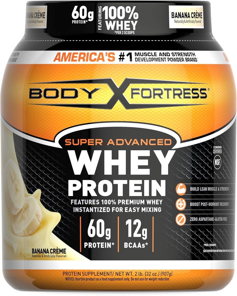 Body Fortress Super Advanced Whey Protein Toz, Banana Creme Flavored, Gluten Free, 2 Lb