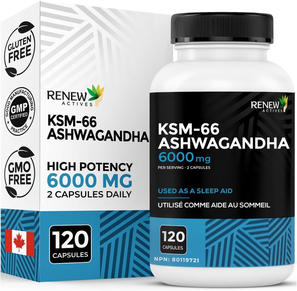 Renew Actives Ashwagandha KSM-66 Συμπλήρωμα 500MG ανά υπηρεσία με Μαύρο Πιπέρι για Ανώτερη Απορρόφηση - Focus & Mood Υποστήριξη για την Αύξηση Ενέργειας & Βοήθεια για τον Ύπνο - Made in Canada - 120 Κάψουλες