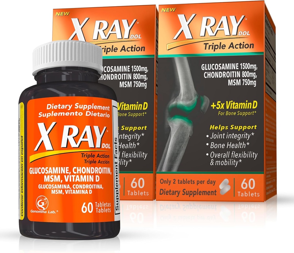 Συμπλήρωμα Κοινής Υποστήριξης X Ray Dol με Γλυκοζαμίνη 1500mg, Χονδροϊτίνη 800mg, MSM 750mg και 5X Βιταμίνη D για Υγιείς αρθρώσεις, οστά & Cartilage - 60 Μέτρα ανά φιάλη - 2 Συσκευασία