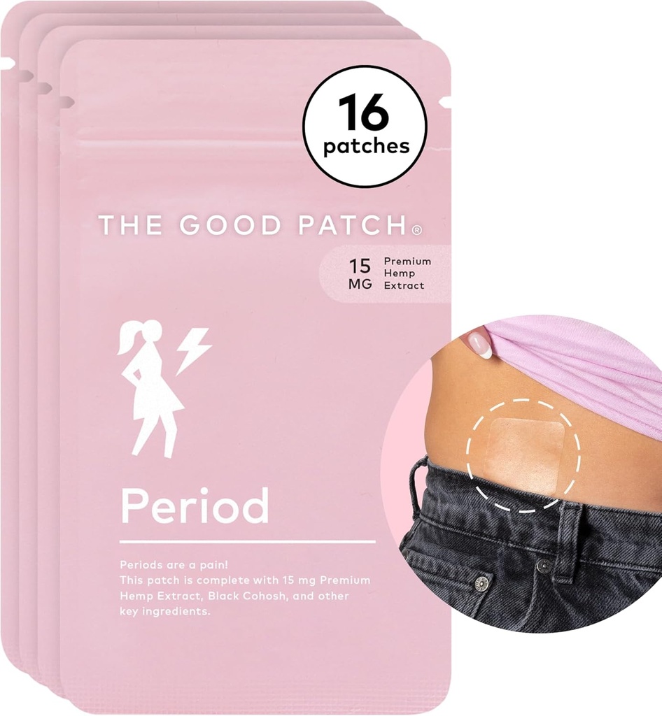 The Good Patch Period Patch with Hemp for Cramps, Sustained Release for up to 12 Hours, Natural Patch with Hemp, Black Cohosh, Plant Powered Wearable Wellness (16 Total Patches)
