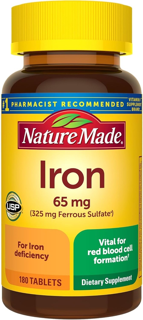 Nature Made Iron 65 mg (325 mg Ferrous Sulfate) δισκία, συμπλήρωμα διατροφής για την υποστήριξη των ερυθρών αιμοσφαιρίων, 180 δισκία, 180 ημέρες προσφοράς
