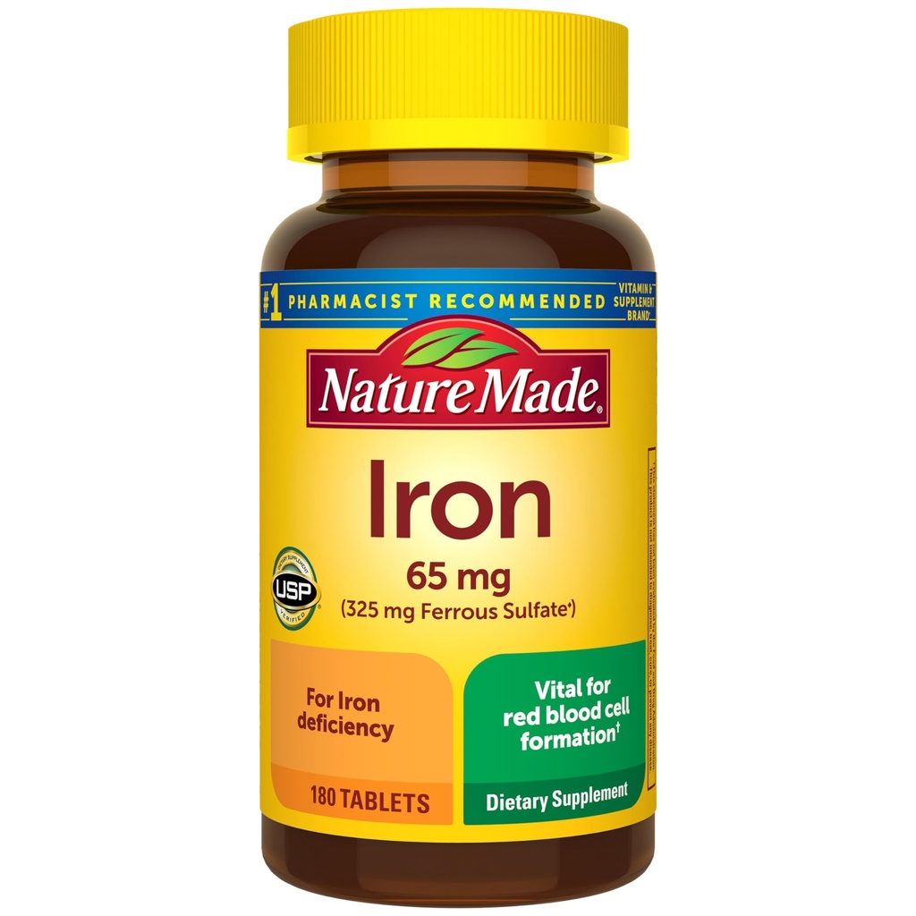 Nature Made Iron 65 mg (325 mg Ferrous Sulfate) δισκία, συμπλήρωμα διατροφής για την υποστήριξη των ερυθρών αιμοσφαιρίων, 180 δισκία, 180 ημέρες προσφοράς