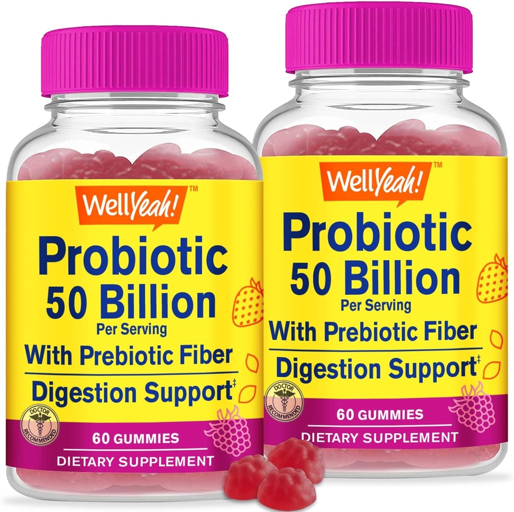 WellYeah (2 Pack 50 Billion Probiotics + Πρεβιοτικά για άνδρες και γυναίκες Gummies - Digestive Υποστήριξη, Υγεία των ούρων, Ανοσολογική υποστήριξη Gummy - Προβιοτικά για Digestive Υγεία με 12 Strains - 60 Gummies
