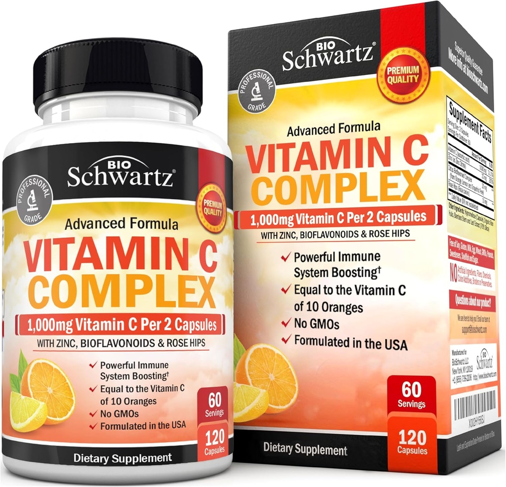 BioSchwartz C Kompleksi Supplement - Vitamin C 1000 mg Capsules with Rose HIPS çinko ve Citrus Bioflavonoids for Immune Health, Cellular Energy, Collagen Production, 120 Count (60 Day Supply)
