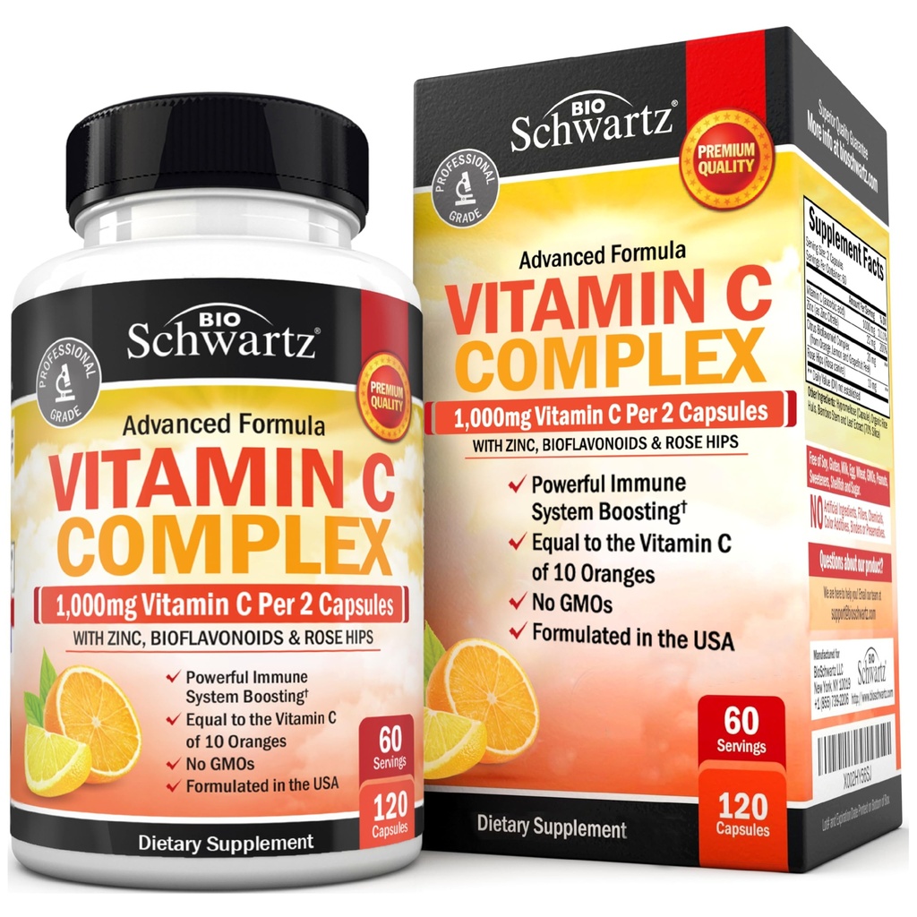 BioSchwartz C Kompleksi Supplement - Vitamin C 1000 mg Capsules with Rose HIPS çinko ve Citrus Bioflavonoids for Immune Health, Cellular Energy, Collagen Production, 120 Count (60 Day Supply)