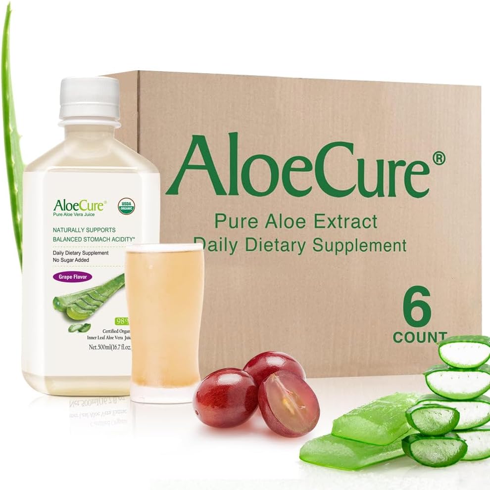AloeCure USDA Organik Aloe Vera Juice Grape Flavor, 12 Hours of Harvest - Pure Aloe Vera Digestive & Immune Health Supplement, Helps maintain Balanced Stomach Acid, 16.7oz x 6 Btls