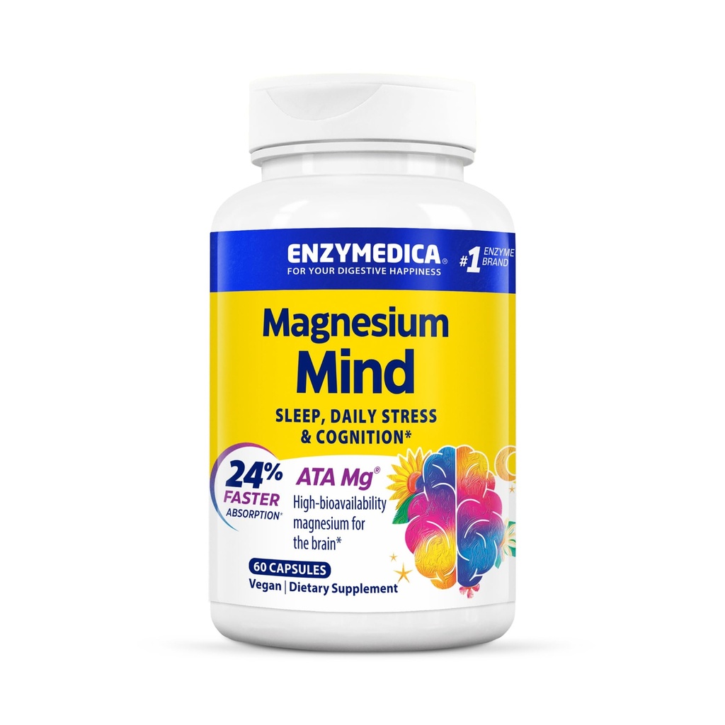 Enzymedica, Magnesium Mind with ATA Mg, 24% Ταχύτερη Απορρόφηση, Υψηλής Βιωσιμότητας Μαγνήσιο για Ύπνο, Άγχος & Γνωστικότητα, 60 Count