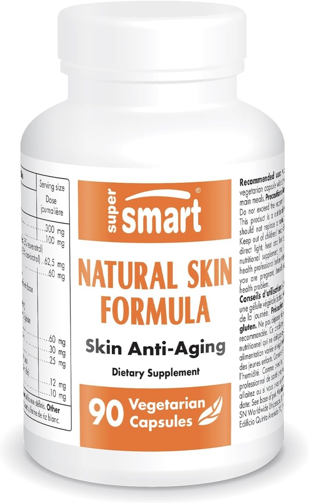 SuperSmart - Natural Skin Formula (High Potency) - Hyaluronic Acid, Collagen, Elastin, Ceramids, Silica - Skin Hydration & Elasticity | Non-GMO - 90 Vegetarian Capsules