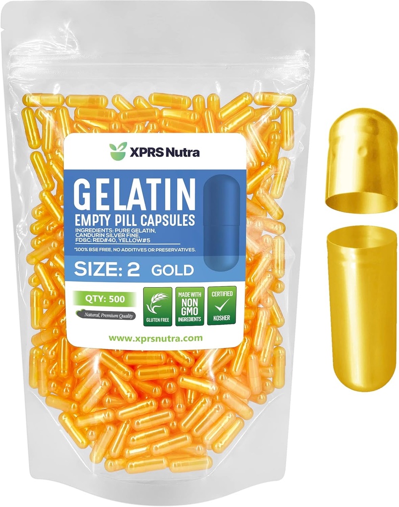 XPRS Nutra Boyutu 2 Boş Kapsüller - 500 Kont Boş Gelatin Capsules - Pills DIY Capsule - Pure Bovine Pill Gel Caps For Do-It- Yourself Supplements (Gold)