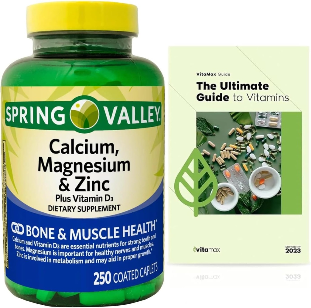 Kalsiyum, Magnezyum, çinko & Vitamin D3. Exclusive Vitamin Guide + Spring Valley Kalsiyum, Magnezyum & çinko Plus Vitamin D3 Caplets Diyeter Supplement, 250 Count Count Count