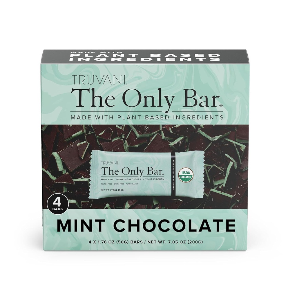 Truvani Plant Based Snack Bars | Chocolate Mint 4 Pack | 7g Protein | USDA Organik ve Vegan | Sadece Bar | Süt, Soy ve Gluten Ücretsiz | Bireysel olarak yuvarlandı