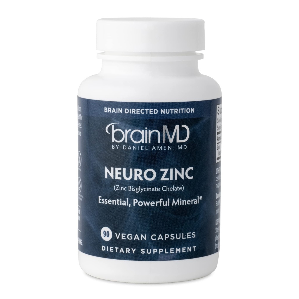 BRAINMD Dr Amen Neuro Zinc - 90 Capsules - 25 mg Zinc Bisglycinate Chelate - Gluten Free - 90 Servings