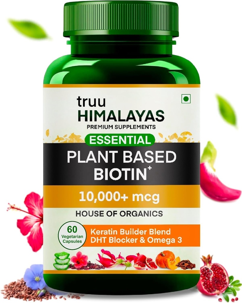 Bitki bazlı Biotin 10000 Canlı Bloker ile Saç Büyümesi için, Keratin & Omega 3 Supplement Vitals for Men & Women - Ayurvedic Nutrients for Hair Fall, Skin & Nails Health - 60 Capsules