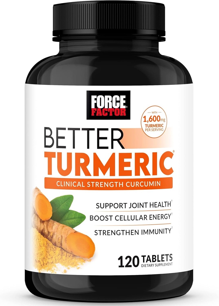 FORCE FACTOR Better Turmeric Curcumin 1600 mg with Black Pepper & Ginger, Klinik Güçlü Ortak Destek Tamam, Üstün Aborpsiyon, 120 Tablets