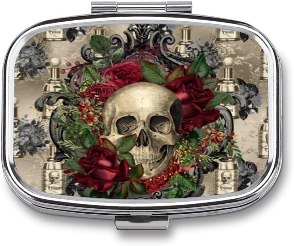 Metal 2tment Pill Organizer Travel Friendly Portable Compact Pill Box Cute Pill Case to Hold Vitamins,Fish Oil,Supplements,Meds,Tablet for Purse,Pocket. (Skull)