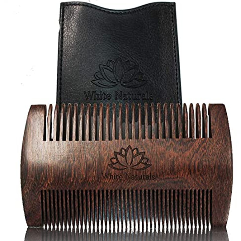 White Naturals Beard Comb for Men, Wooden Natural Sandalwood, Fine Dual Action Teeth, Handmade Premium Sandal Wood, Perfect for Balms and Oils, Adds PU Deri Case, Pocket Dimension