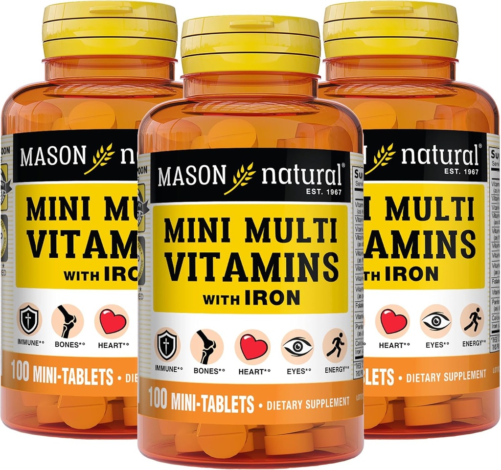 Mason Natural Daily multiple Vitamins with Iron, Vitamins A, C, D, E, B1, B2, B3, B6, B12, Folate anduba for general Health, 100 Tablet (Paket 3 )
