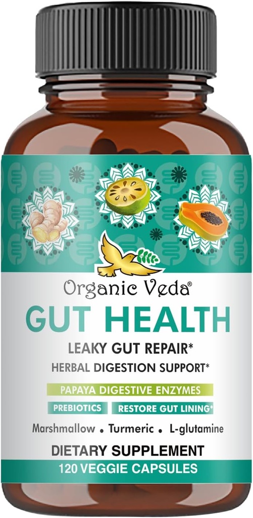 Organik Veda Marshmallow Turmeric Gut Supplement - Digestion Health, Leaky Gut Tamir & Cleanse Support - Papaya Digestive Enzymes, Prebiyotiks, L-Glutamine, Green Banana, Psyllium Husk - 120 Capsule