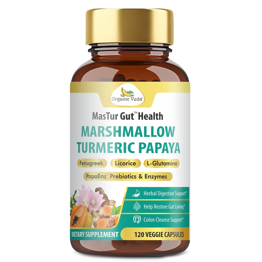 Organik Veda Marshmallow Turmeric Gut Supplement - Digestion Health, Leaky Gut Tamir & Cleanse Support - Papaya Digestive Enzymes, Prebiyotiks, L-Glutamine, Green Banana, Psyllium Husk - 120 Capsule