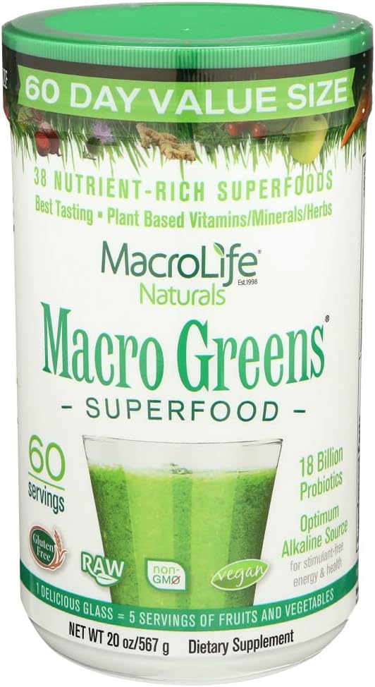 MacroLife Naturals Macro Greens Toz 38 Superfood Probiyotik Antioksi Enzyme & Herbal Supplement Immunity Energy Cleanse - Non-GMO Vegan Gluten-Free Dairy-Free - 60 Servisler