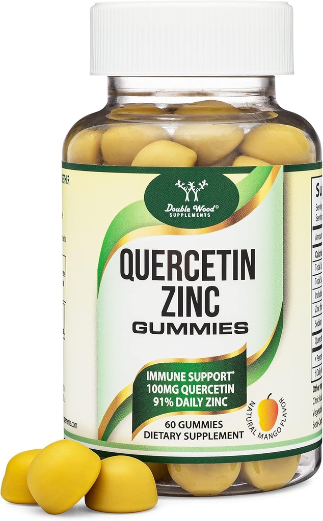 Huaercetin Gummies with çinko (100mg of Quercetin ve 91 Günlük çinko hizmet başına) 60 Mango Flavored Chewable Immune Support Gummies for Yetişkinler and Kids (Non-GMO ve Gluten Free) Double Wood