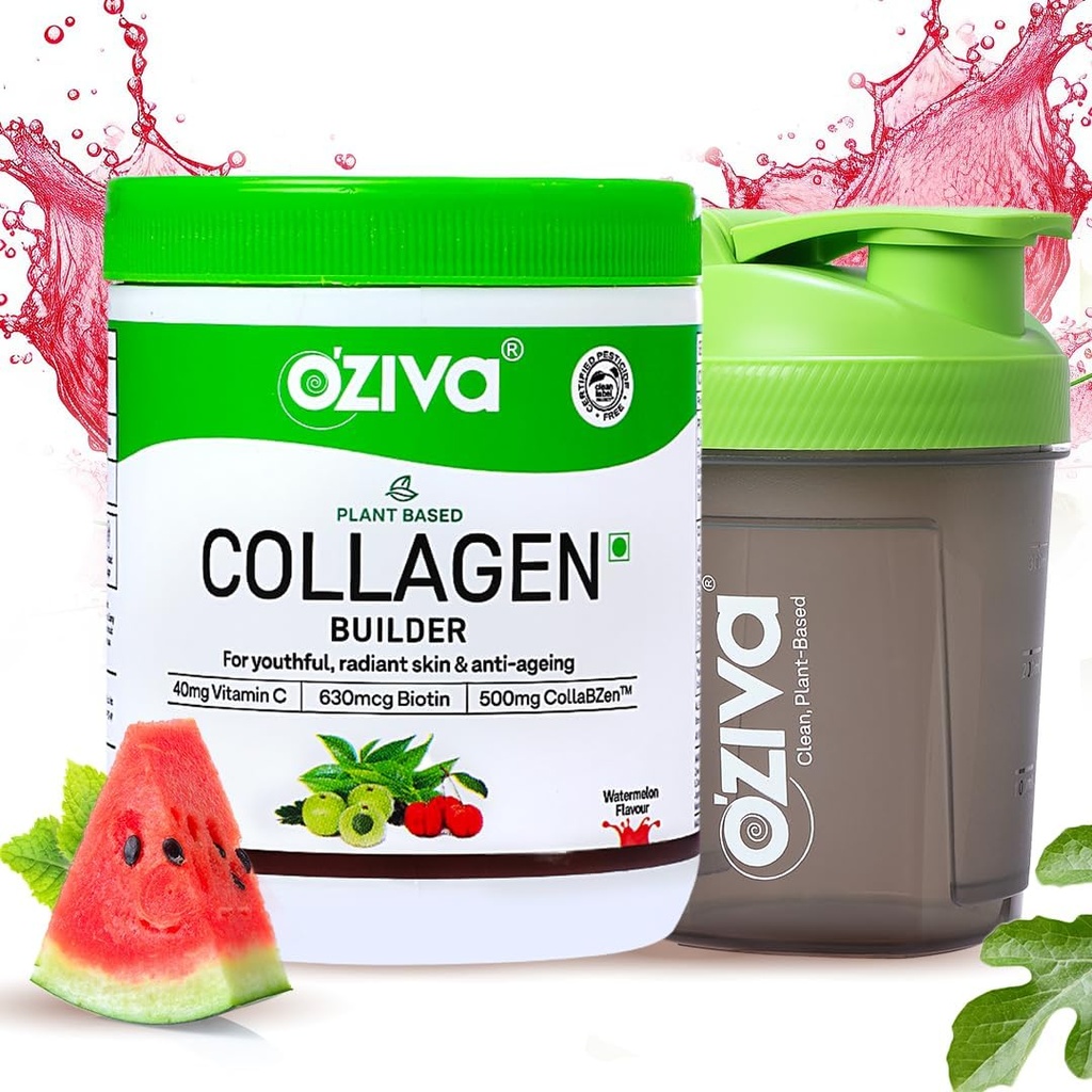 OZiva Vegan Collagen (Watermelon) Biotin & Vitamin C For Brighter & Youthful Skin | Collagen Supplement For Women & Men | Plant Based Toz | sertifikalı Vegan 125g + Shaker