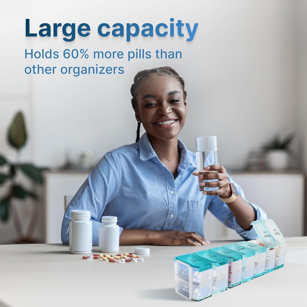 Ekstra Büyük Pill Organizer 2 Zaman Bir Gün - XL Pill Box 7 Gün Büyük AM/PM Karşılaştırmalar – Fits Large Vitamins, Supplements & Gummies, 7 veya 14 günlük kullanım için, Color-Kod, Senior-Friendly, No Spills