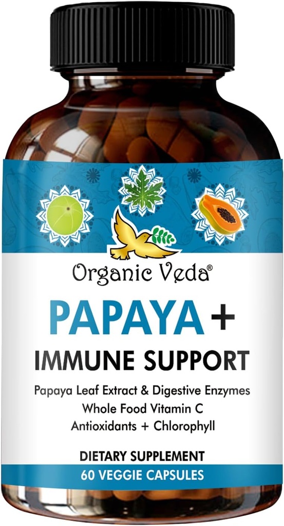 Organic Veda Papaya Leaf Plus Supplement - Αιμοπετάλια Super Extract Ανοσοποιητικά Καψάκια με Papaya Digestive Ένζυμα, Χλωροφύλλη, εκχύλισμα σπόρων σταφυλιών, Βιταμίνη C - Μυελό των οστών & Υγεία οστού - 60 ct