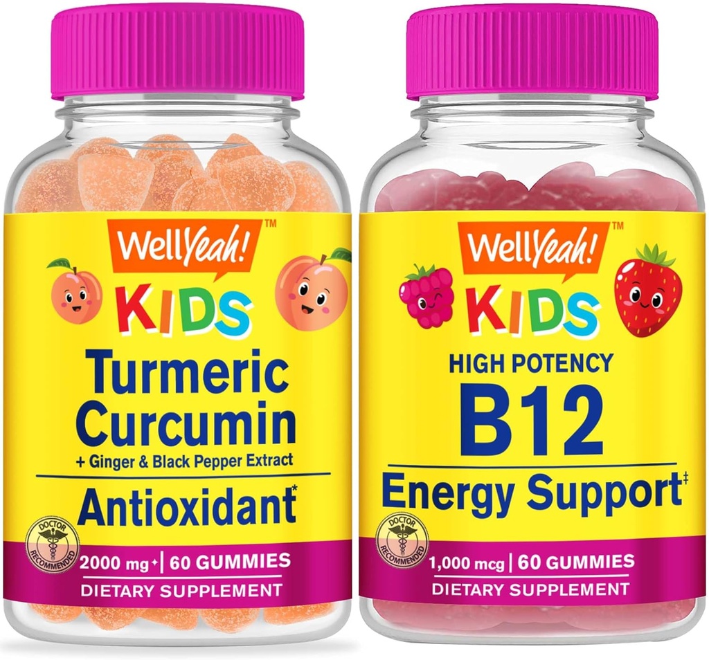 WellEvet Turmeric Curcumin Kids + Vitamin B12 Çocuklar, Gummies Sche - Great Tasting, Vitamin Supplement, Gluten Free, GMO Free, Chewable Gummy