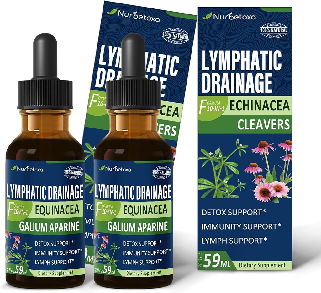 Cleavers Lymphatic Drainage Drops for Lymph Detox Cleanse, Gotas de Equinacea y Diente de Leon para Drenaje Linfatico, Lymphedema Support Formula with Echinacea, Use with Massage Tool.