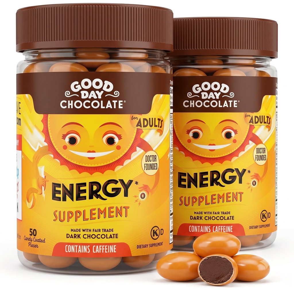 Good Day Chocolate Energy Supplements for Yetişkinler [2 Pack] Fair Trade Caffeine Chocolate with B-Vitamins, Green Tea Extracts and 20 mg Caffeine Per Piece - Energy Alert for Women and Men