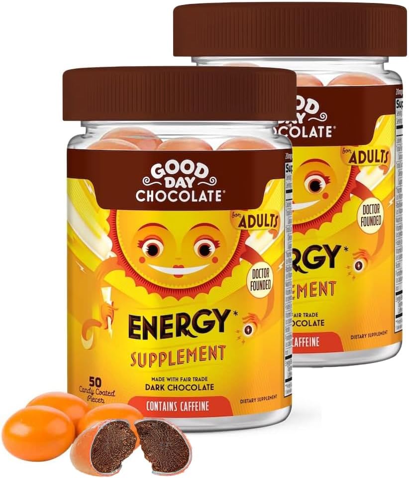 Good Day Chocolate Energy Supplements for Yetişkinler [2 Pack] Fair Trade Caffeine Chocolate with B-Vitamins, Green Tea Extracts and 20 mg Caffeine Per Piece - Energy Alert for Women and Men