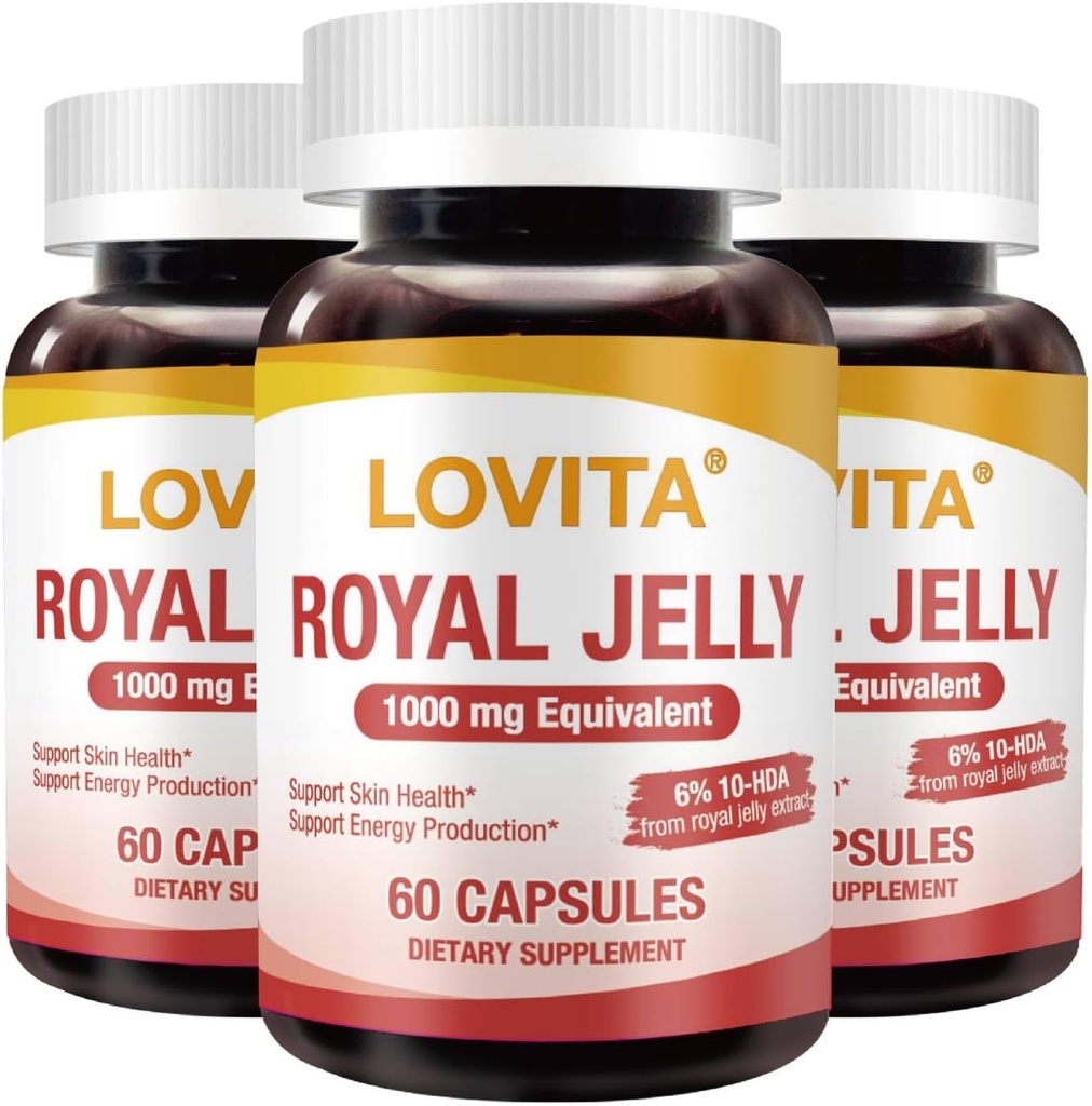 Lovita Royal Jelly 333 mg, 3:1 Πυκνό, με 20mg 10-HDA, Φυσική πηγή Super Food, υποστηρίζει την υγεία του δέρματος & την παραγωγή ενέργειας, 60 κάψουλες (πακέτο των 3)