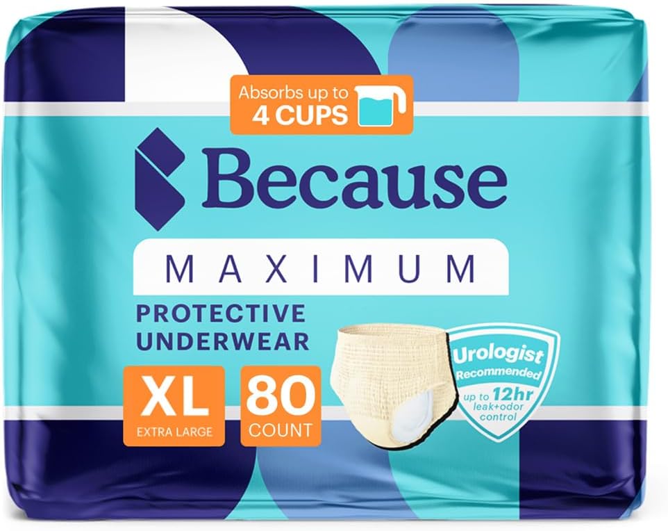 Çünkü Premium Maksimum Plus Yetişkin Incontinence ve Postpartum Kadınlar için Leak Underwear, En Az Absorbency, Single, Beige, XLarge, 80 Count (4 Packs of 20)